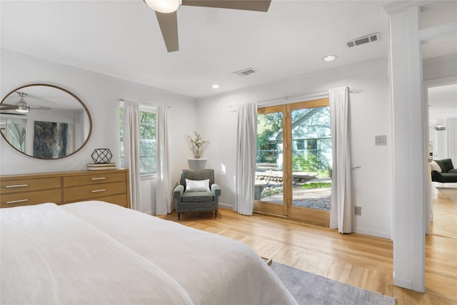 205 N College St, Mckinney, TX 75069 - bedroom with access to exterior, light wood-style flooring, baseboards, a ceiling fan, and recessed lighting