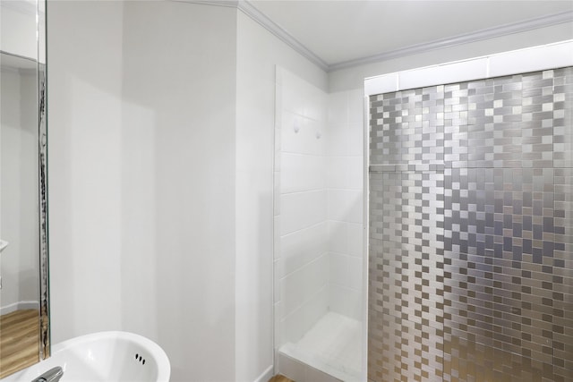 205 N College St, Mckinney, TX 75069 - bathroom featuring a tile shower and ornamental molding