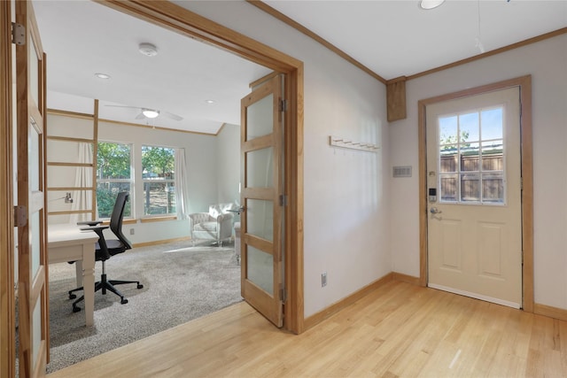 205 N College St, Mckinney, TX 75069 - office with baseboards, light wood-type flooring, crown molding, and recessed lighting