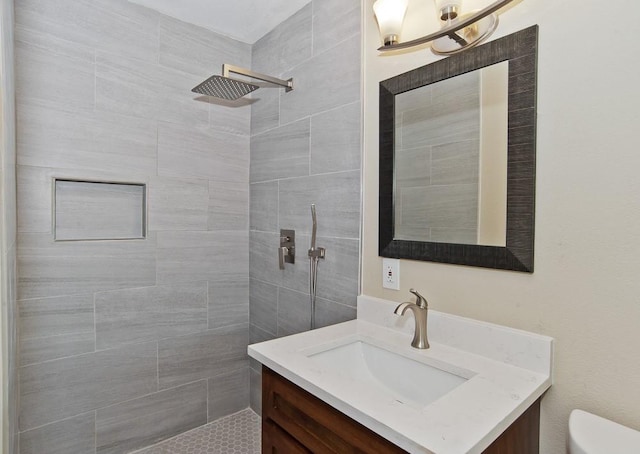 2908 Longfellow Ln, Denton, TX 76209 - full bath featuring tiled shower, vanity, and toilet