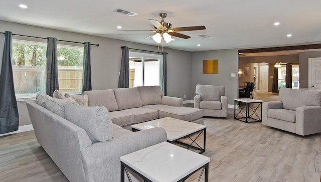 2908 Longfellow Ln, Denton, TX 76209 - living room with a ceiling fan, baseboards, light wood finished floors, and recessed lighting