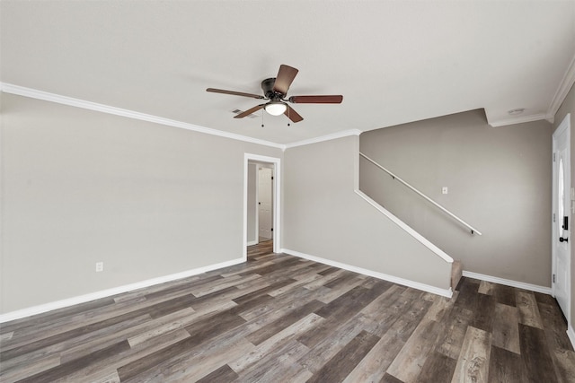 3412 Lisbon Dr, Waco, TX 76706 - unfurnished room with ceiling fan, wood finished floors, baseboards, crown molding, and stairs