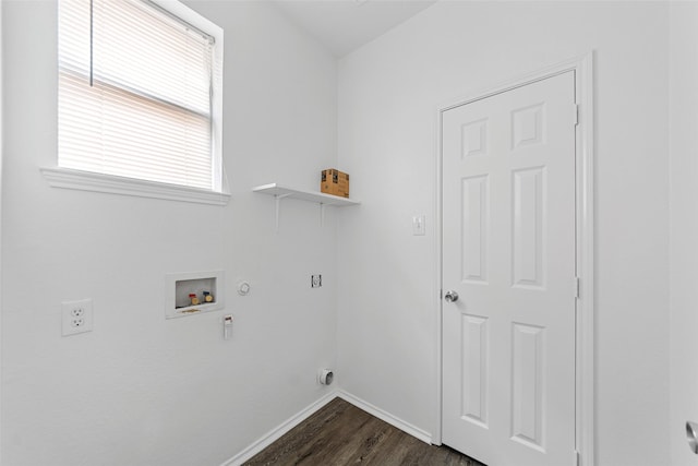 2442 Mackinac Dr, Frisco, TX 75033 - washroom featuring baseboards, dark wood finished floors, washer hookup, electric dryer hookup, and gas dryer hookup