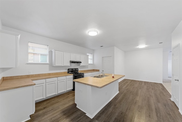 2442 Mackinac Dr, Frisco, TX 75033 - kitchen with a sink, under cabinet range hood, dark wood-type flooring, light countertops, and white cabinetry