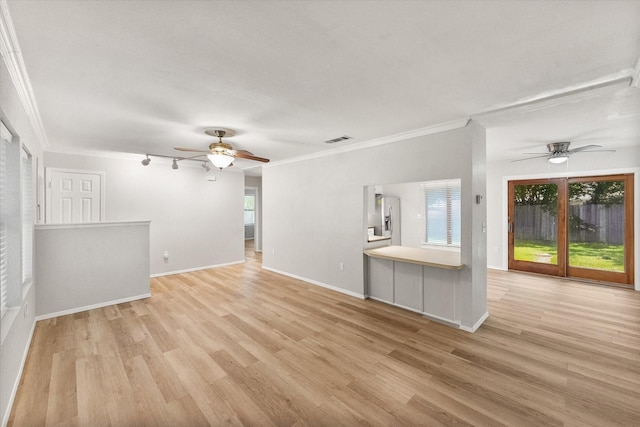 603 Plainview Dr, Mansfield, TX 76063 - unfurnished living room featuring a ceiling fan, light wood-type flooring, baseboards, and crown molding