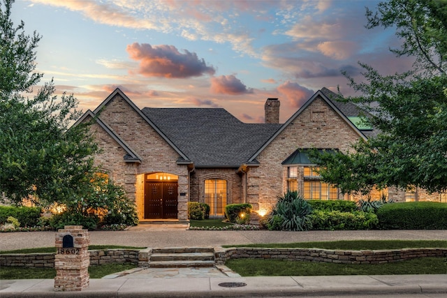 18602 Turnbridge Dr, Dallas, TX 75252 - view of front of property with brick siding, a chimney, and roof with shingles