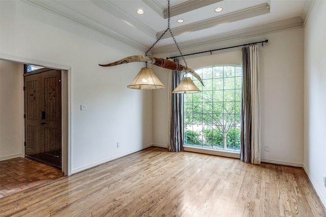 18602 Turnbridge Dr, Dallas, TX 75252 - unfurnished room with ornamental molding, plenty of natural light, a raised ceiling, baseboards, and light wood-type flooring