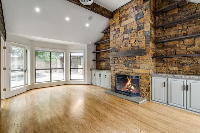 18602 Turnbridge Dr, Dallas, TX 75252 - unfurnished living room with a fireplace, beamed ceiling, light wood-type flooring, high vaulted ceiling, and recessed lighting