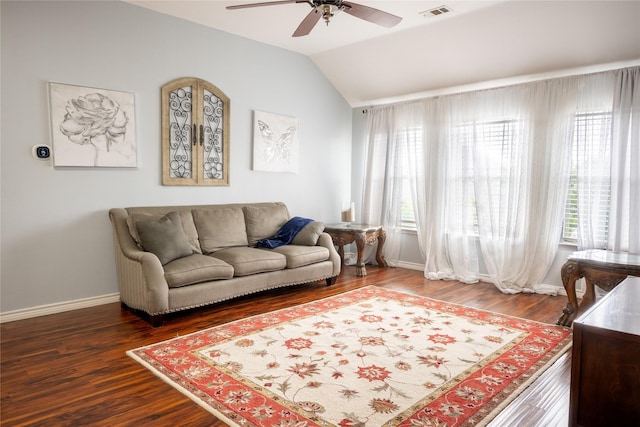 1421 Eugene Dr, Wylie, TX 75098 - living room featuring a ceiling fan, vaulted ceiling, wood finished floors, and baseboards