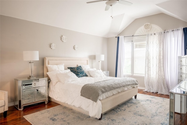 1421 Eugene Dr, Wylie, TX 75098 - bedroom with dark wood-style flooring, lofted ceiling, ceiling fan, and baseboards