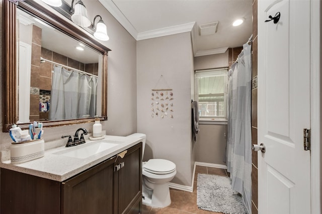 2900 Lachelle Ln, Arlington, TX 76010 - full bathroom with crown molding, vanity, toilet, tile patterned flooring, and curtained shower