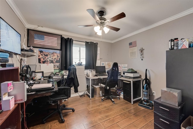 2900 Lachelle Ln, Arlington, TX 76010 - office area featuring a ceiling fan, crown molding, and wood finished floors