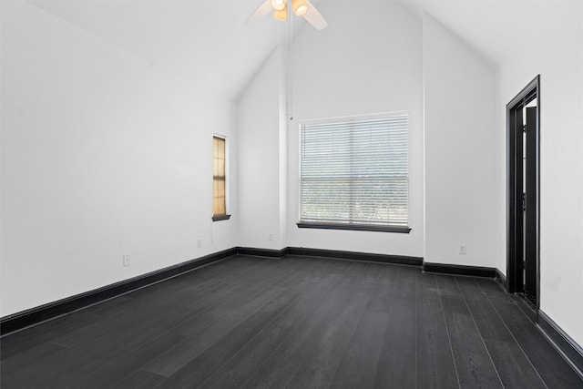 4160 Towne Green Cir, Addison, TX 75001 - spare room with dark wood finished floors, a ceiling fan, baseboards, and high vaulted ceiling