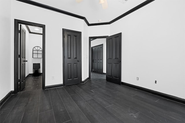 4160 Towne Green Cir, Addison, TX 75001 - unfurnished bedroom with dark wood-type flooring, baseboards, ornamental molding, and a ceiling fan
