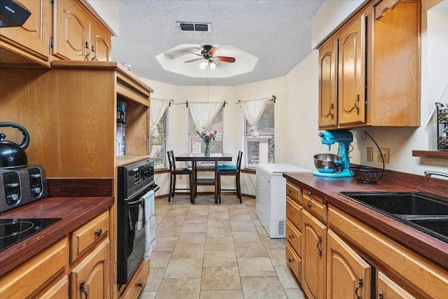 4206 Windhurst Dr, Arlington, TX 76015 - kitchen with black appliances, ceiling fan, a sink, brown cabinets, and a textured ceiling
