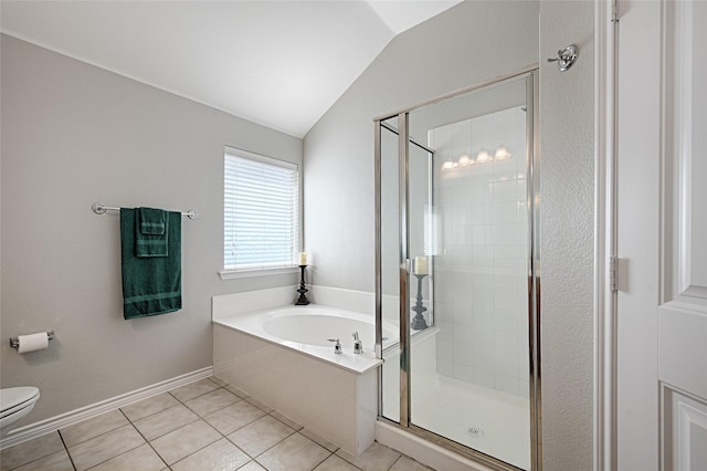 1223 Hampton Bay Dr, Rockwall, TX 75087 - bathroom with a garden tub, a shower stall, vaulted ceiling, toilet, and tile patterned floors