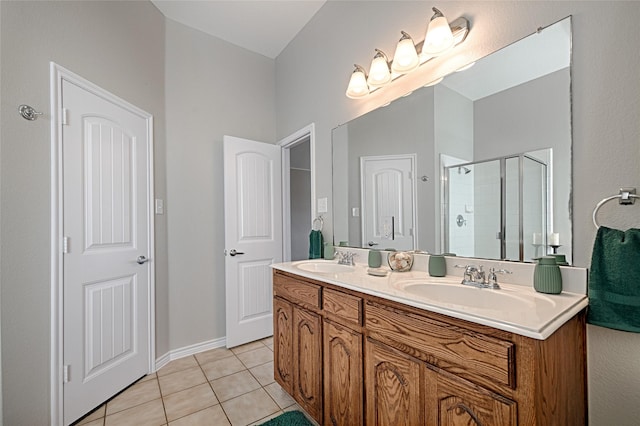 1223 Hampton Bay Dr, Rockwall, TX 75087 - full bath with tile patterned floors, double vanity, and a stall shower