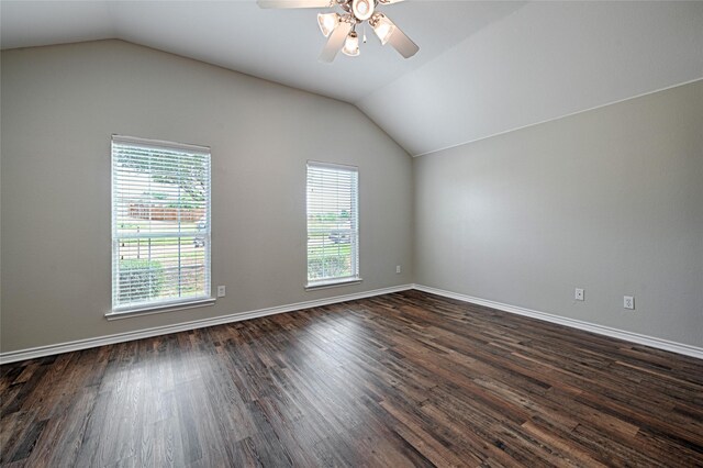 1223 Hampton Bay Dr, Rockwall, TX 75087 - empty room featuring ceiling fan, lofted ceiling, dark wood finished floors, and baseboards