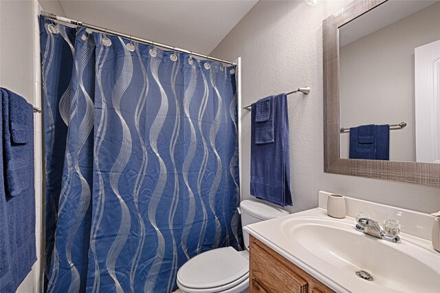 1223 Hampton Bay Dr, Rockwall, TX 75087 - bathroom featuring toilet, a textured wall, vanity, and a shower with curtain