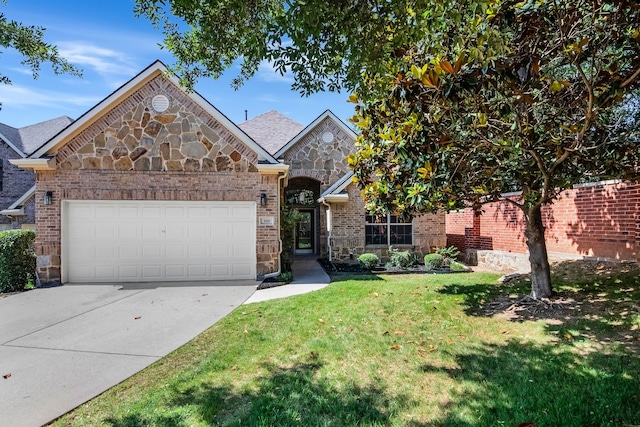 100 Park Haven Blvd, Euless, TX 76039 - french country home with driveway, an attached garage, a front yard, stone siding, and brick siding