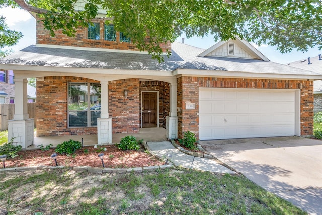 536 Kerry St, Crowley, TX 76036 - view of front of home with concrete driveway, a garage, brick siding, a porch, and a shingled roof