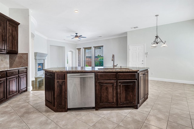 2353 Salisbury Ct, The Colony, TX 75056 - kitchen with dishwasher, a sink, ceiling fan, light tile patterned flooring, and crown molding