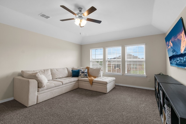 1304 Villalonga Dr, Little Elm, TX 75068 - living area featuring carpet flooring, ceiling fan, and baseboards