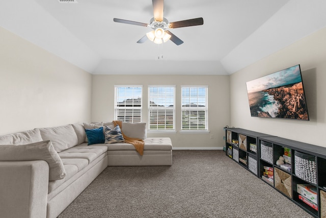 1304 Villalonga Dr, Little Elm, TX 75068 - carpeted living room with ceiling fan, lofted ceiling, and baseboards