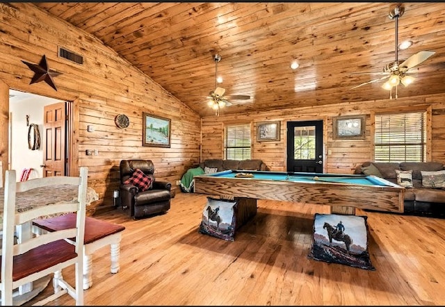 783 County Rd 4420, Whitewright, TX 75491 - game room with a ceiling fan, hardwood / wood-style floors, wooden ceiling, wood walls, and billiards