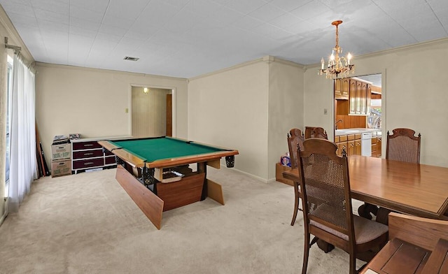 1700 Sunset Rd, Robinson, TX 76706 - recreation room featuring ornamental molding, pool table, a chandelier, light carpet, and a sink