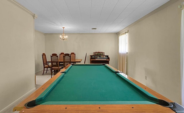 1700 Sunset Rd, Robinson, TX 76706 - playroom featuring billiards table, ornamental molding, baseboards, and a chandelier