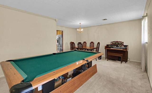1700 Sunset Rd, Robinson, TX 76706 - rec room with ornamental molding, light carpet, a chandelier, and billiards table