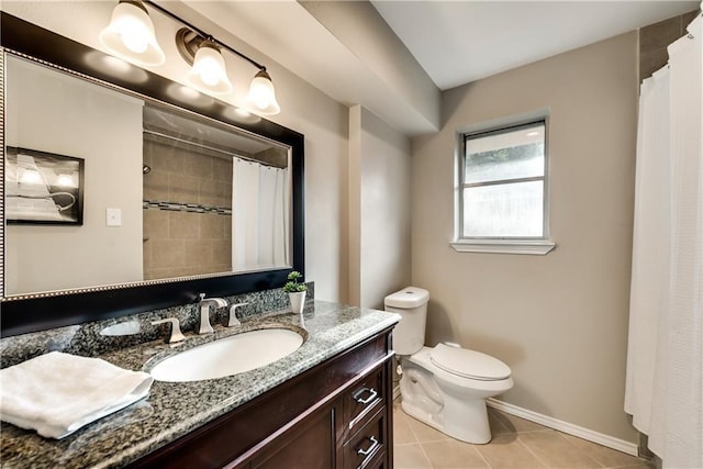 3331 Ruidosa Ave, Dallas, TX 75228 - full bathroom featuring vanity, toilet, tile patterned flooring, baseboards, and a shower with shower curtain