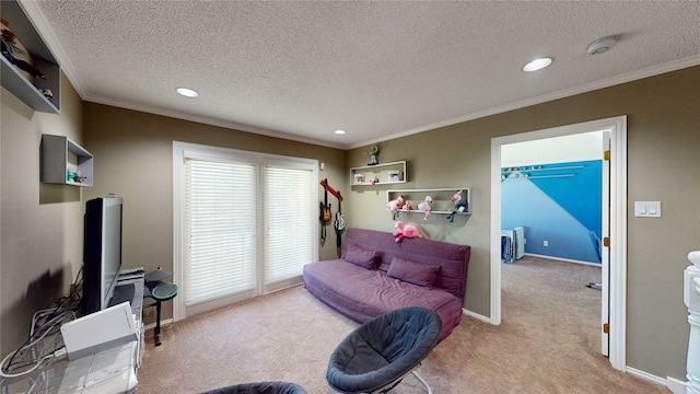 7534 Wellesley Ave, Garland, TX 75044 - living area with carpet flooring, crown molding, a textured ceiling, recessed lighting, and baseboards