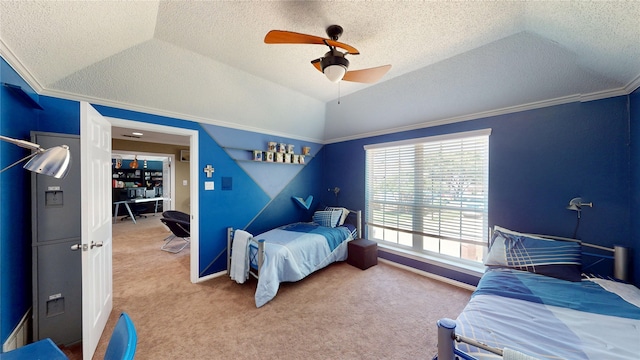 7534 Wellesley Ave, Garland, TX 75044 - carpeted bedroom featuring a textured ceiling, lofted ceiling, a ceiling fan, crown molding, and baseboards