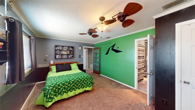7534 Wellesley Ave, Garland, TX 75044 - bedroom with carpet, crown molding, a textured ceiling, a ceiling fan, and baseboards