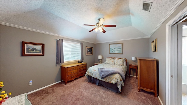 7534 Wellesley Ave, Garland, TX 75044 - bedroom with ornamental molding, light colored carpet, a tray ceiling, ceiling fan, and vaulted ceiling