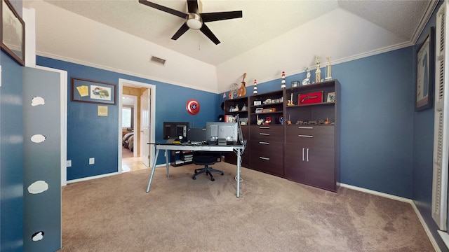 7534 Wellesley Ave, Garland, TX 75044 - carpeted home office with ceiling fan, vaulted ceiling, baseboards, and crown molding