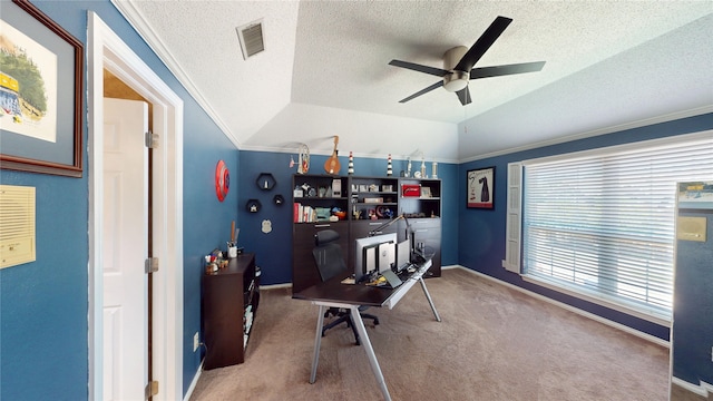 7534 Wellesley Ave, Garland, TX 75044 - carpeted home office featuring a ceiling fan, a textured ceiling, lofted ceiling, crown molding, and baseboards