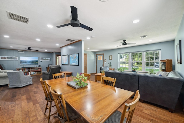1209 Redbud Dr, Arlington, TX 76012 - dining area with ceiling fan, wood finished floors, and recessed lighting
