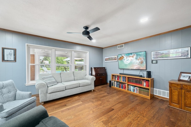 1209 Redbud Dr, Arlington, TX 76012 - living room with ornamental molding, wood finished floors, and ceiling fan