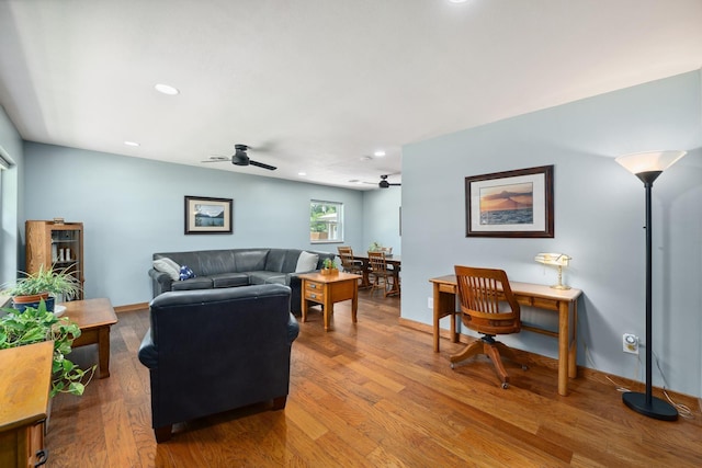 1209 Redbud Dr, Arlington, TX 76012 - living room with wood finished floors, a ceiling fan, and recessed lighting