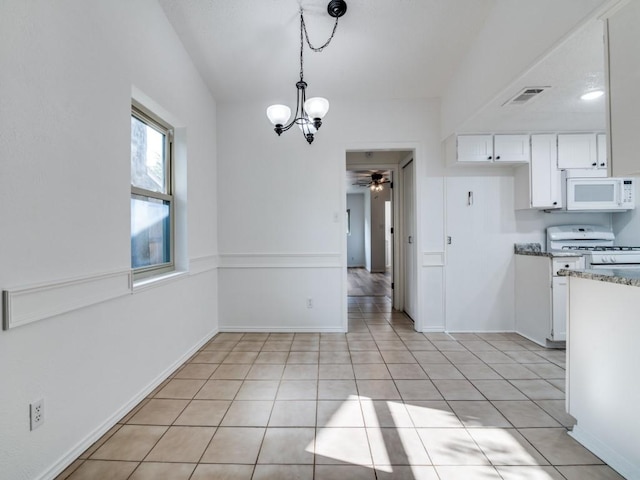 1429 Meadowcrest Dr, Plano, TX 75075 - kitchen featuring white appliances, a ceiling fan, a chandelier, white cabinets, and decorative light fixtures