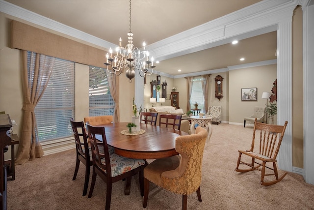 5505 Moorewood Dr, Arlington, TX 76017 - dining area featuring carpet flooring, crown molding, a chandelier, baseboards, and recessed lighting