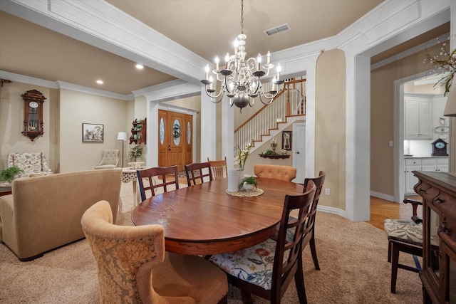 5505 Moorewood Dr, Arlington, TX 76017 - dining area featuring crown molding, stairs, light carpet, a chandelier, and baseboards