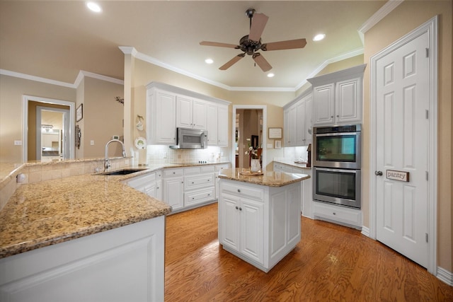 5505 Moorewood Dr, Arlington, TX 76017 - kitchen with stainless steel appliances, a sink, light wood-style floors, a ceiling fan, and recessed lighting