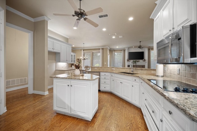 5505 Moorewood Dr, Arlington, TX 76017 - kitchen with a ceiling fan, appliances with stainless steel finishes, a sink, a peninsula, and crown molding
