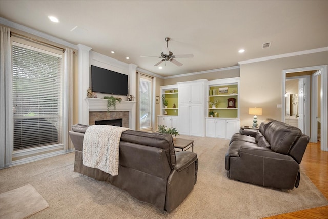 5505 Moorewood Dr, Arlington, TX 76017 - living area with crown molding, a ceiling fan, a fireplace, and recessed lighting
