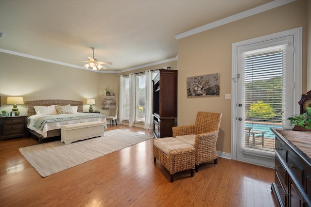 5505 Moorewood Dr, Arlington, TX 76017 - bedroom with access to outside, ornamental molding, light wood finished floors, baseboards, and ceiling fan