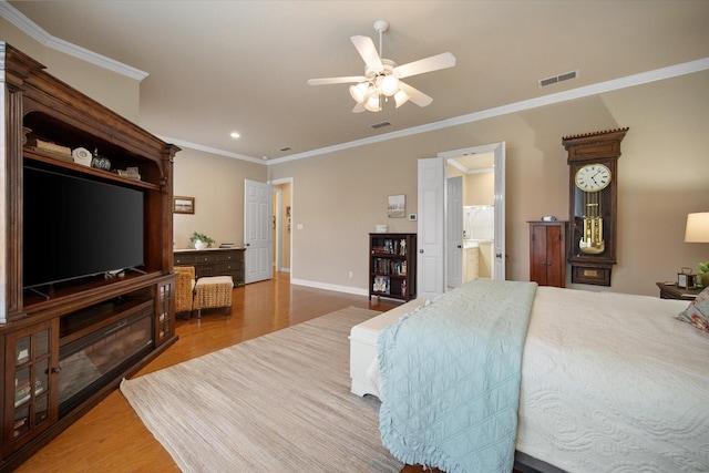 5505 Moorewood Dr, Arlington, TX 76017 - bedroom with wood finished floors, recessed lighting, ornamental molding, baseboards, and ensuite bath